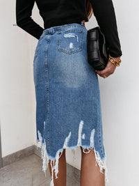 Summer Sexy Asymmetric Denim Skirt Women High Waist Slit Ripped Beggar Midi Skirts Casual Slim Worn Tassel Blue Jeans Skirt