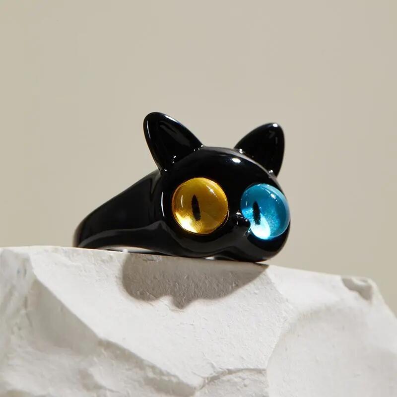 2023 New Cute Green Monster Rings Women Fashion Sweet Two Color Cat Eyes Open Couple Ring