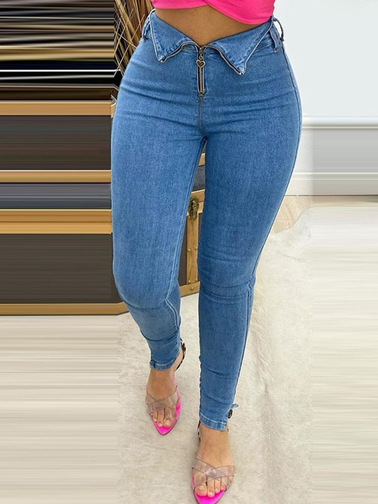 Zipper Design High Waist Skinny Jeans Women Casual Denim Pants