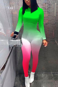 Skinny Long Sleeve Print Patchwork Skinny Fluorescent Jumpsuit Women New Sporty Wear Long Pant Jumpsuits S-XL