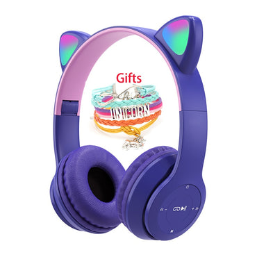 Wireless Headphones Cat Ear with Mic Blue-tooth Glow Light Stereo Bass Helmets Children Gamer Girl Gifts PC Phone Gaming Headset