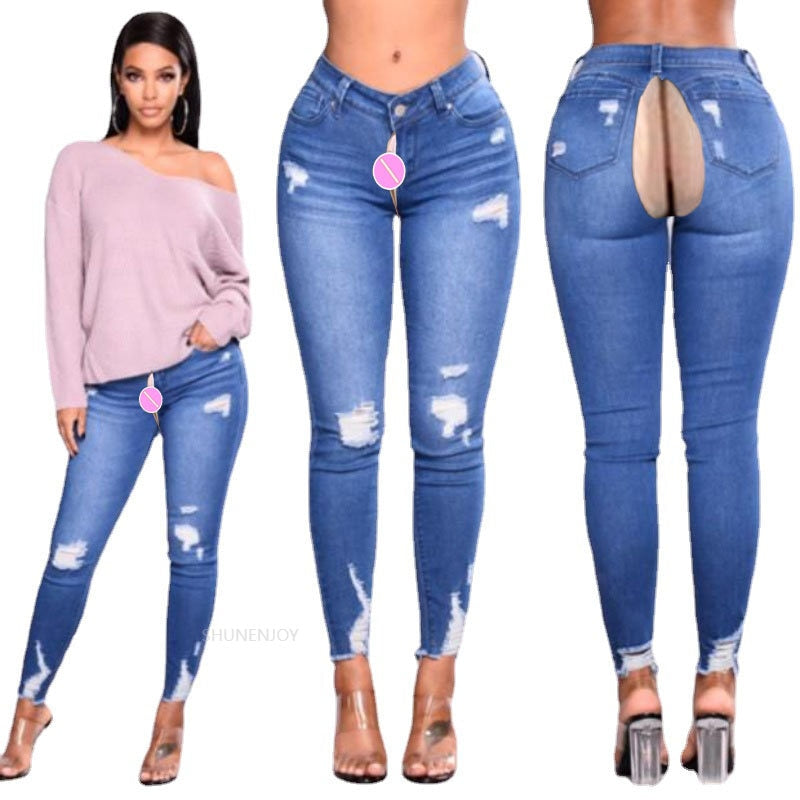 Invisible Zipper Open Crotch Pants Fashion Elastic Ripped Jeans Women Ladies Pants Trousers Sexy Peach Hip Retro Denim Sex Pants