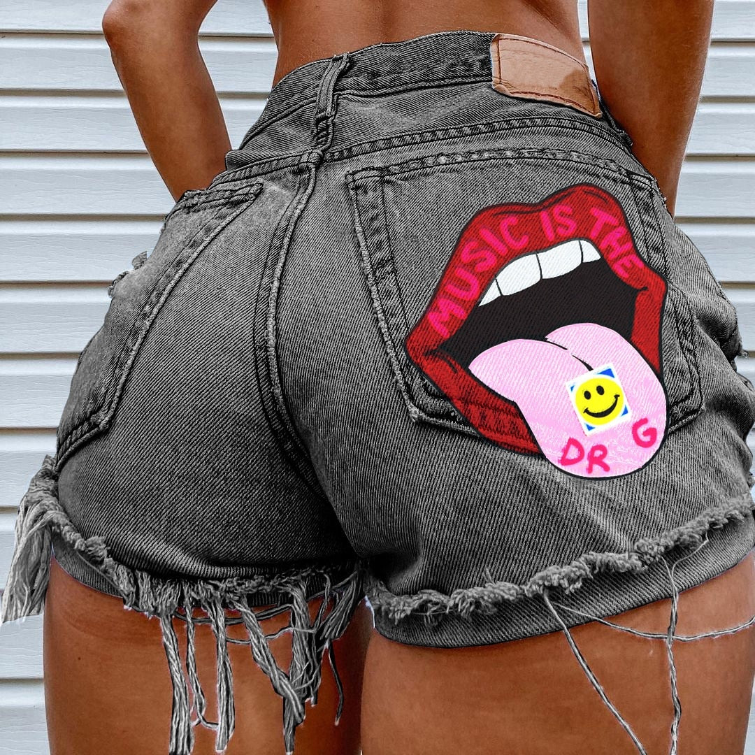 Hot Summer Women&#39;s Shorts Pockets Printed Pattern  Big Stone Love Ripped Raw INS Influencer