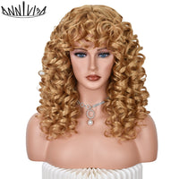 Black Curly Wig With Bangs Long Curly Afro Wigs for Women Synthetic Fiber Glueless Hair