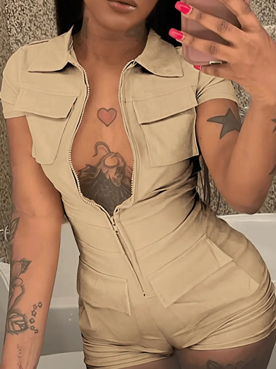 LW Zipper Up Pocket Design Romper Lapel Neck Short Sleeve Plain Beige Daily Jumpsuits Turndown Collar One Piece Bodysuits