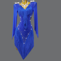 Sexy 2023 Blue Latin Dance Competition Costume Ball Practice Wear Line Suit Short Skirt