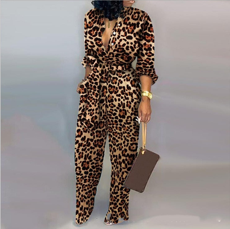 Sexy printed leopard print long sleeved jumpsuit