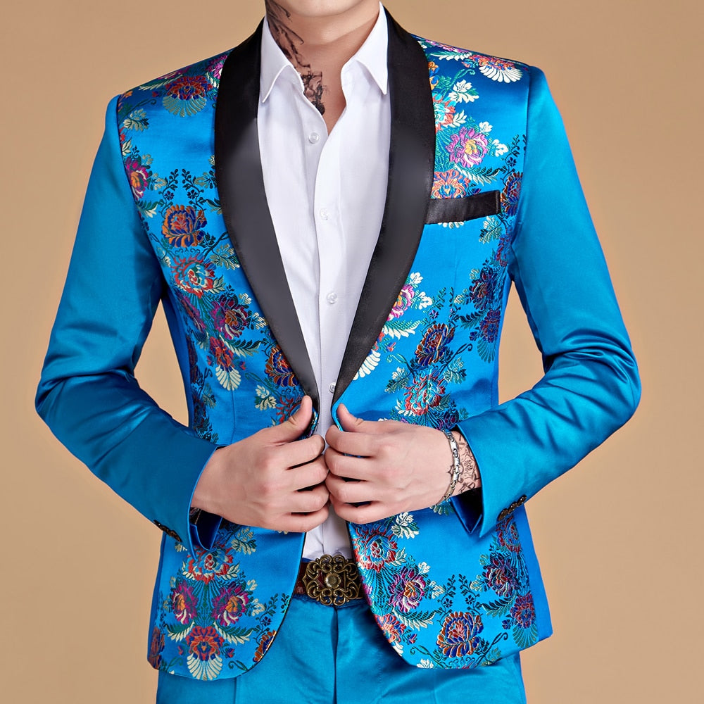 2022 Fashion New Men's Blue Stage Banquet Solid Color Suit Coat / Male Slim Wedding 2 Pieces