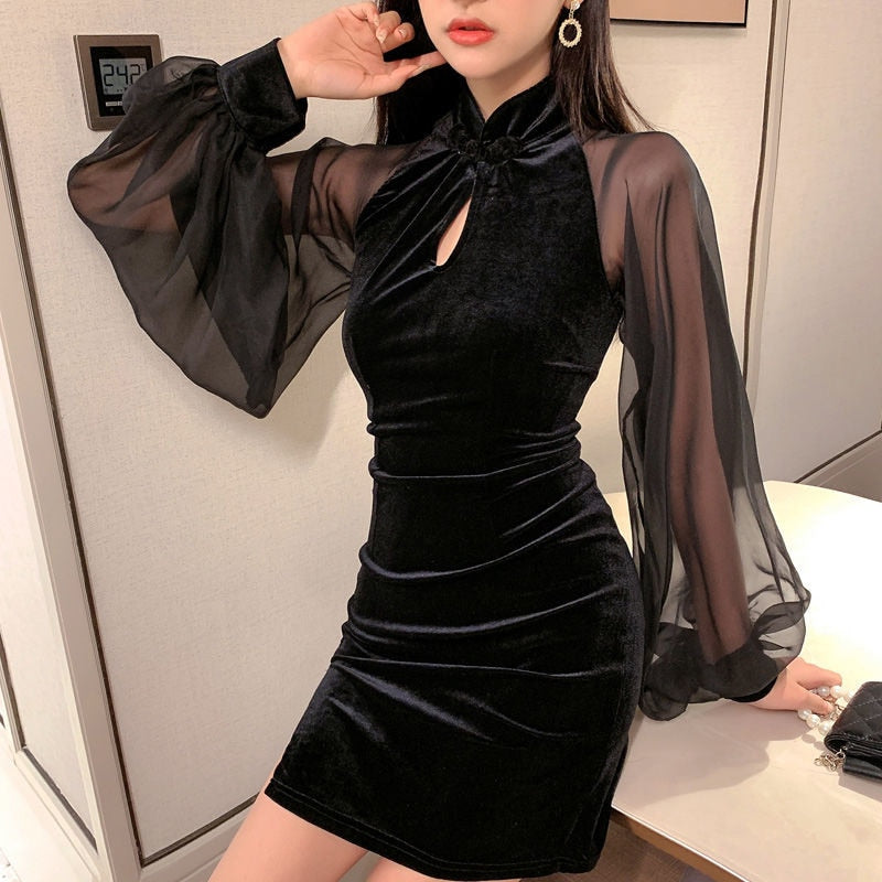 Chiffon Velvet Lantern Sleeves Cheongsam New Sexy High Waist Jumpsuit Short Women Vestidos Vintage Dresses Loose Dress