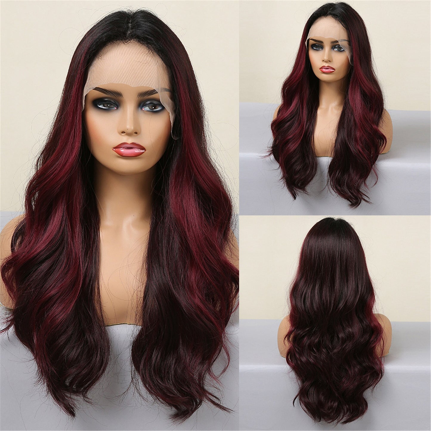 LOUIS FERRE Long Brown Lace Frontal Synthetic Wigs Dark Brown Body Wavy Highlight Wig Natural Hairline Daily Heat Resistant Hair