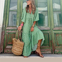 Women Puff Sleeve Dress 2023 New Summer Elegant Boho Holiday Beach Dress Vestidos Female Casual Floral Half Sleeve V-Neck Dress