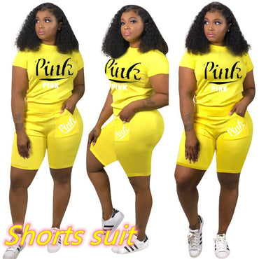 Summer Tracksuit Set For Plus Size Women 2XL Pink Letter Print Top Biker Shorts Suits Casual 2 Piece Set Sport Outfits Sweatsuit