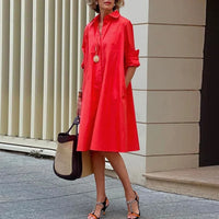 Elegant Solid Shirt Dress Women 2023 Turn Down Collar Long Sleeve Midi Dresses Spring Ladies Commute Casual Loose Pocket Blouses