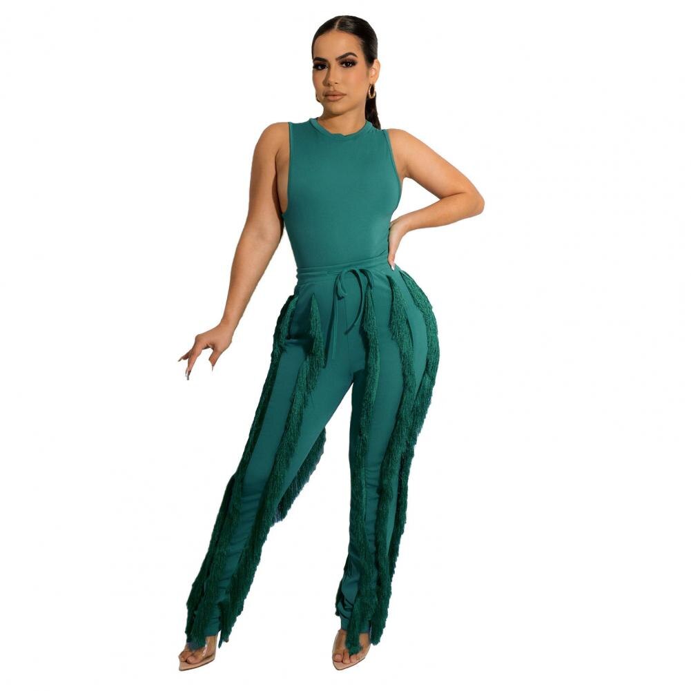 2 Pieces Women's Tracksuit Tank Top Tassel Side Straight Pants