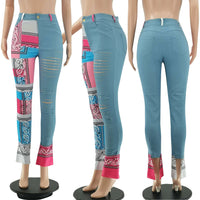 Sexy Bandana Print Women Jeans Distressed Skinny Denim Pants Flare Slim Bottoms Fitness