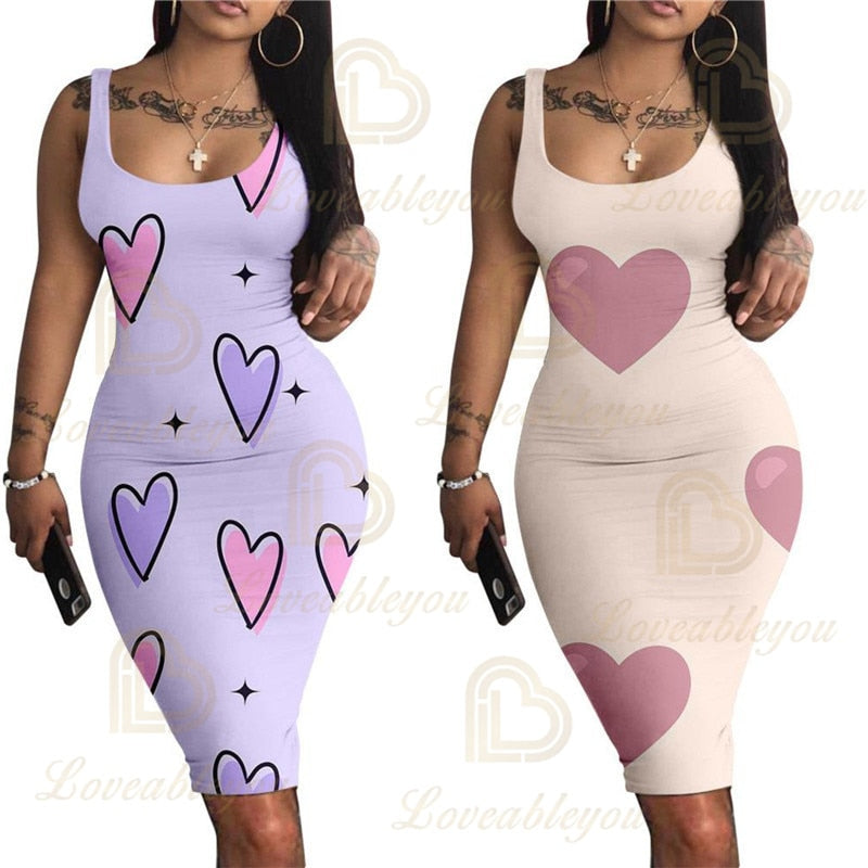 Footprints Heart-shaped Printed Sleeveless Slim Vest Dress Women Sexy Party Dresses O-Neck Backless Female Casual Robe