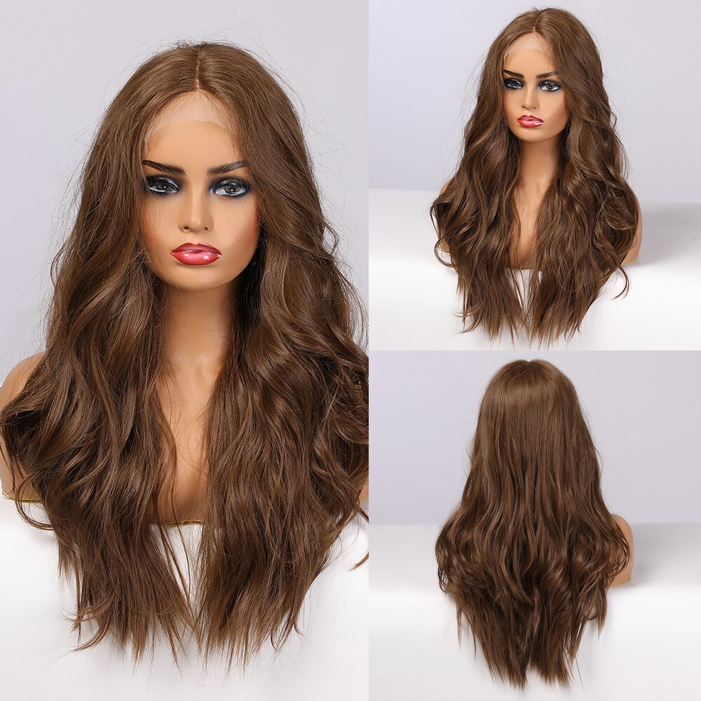 LOUIS FERRE Long Brown Lace Frontal Synthetic Wigs Dark Brown Body Wavy Highlight Wig Natural Hairline Daily Heat Resistant Hair