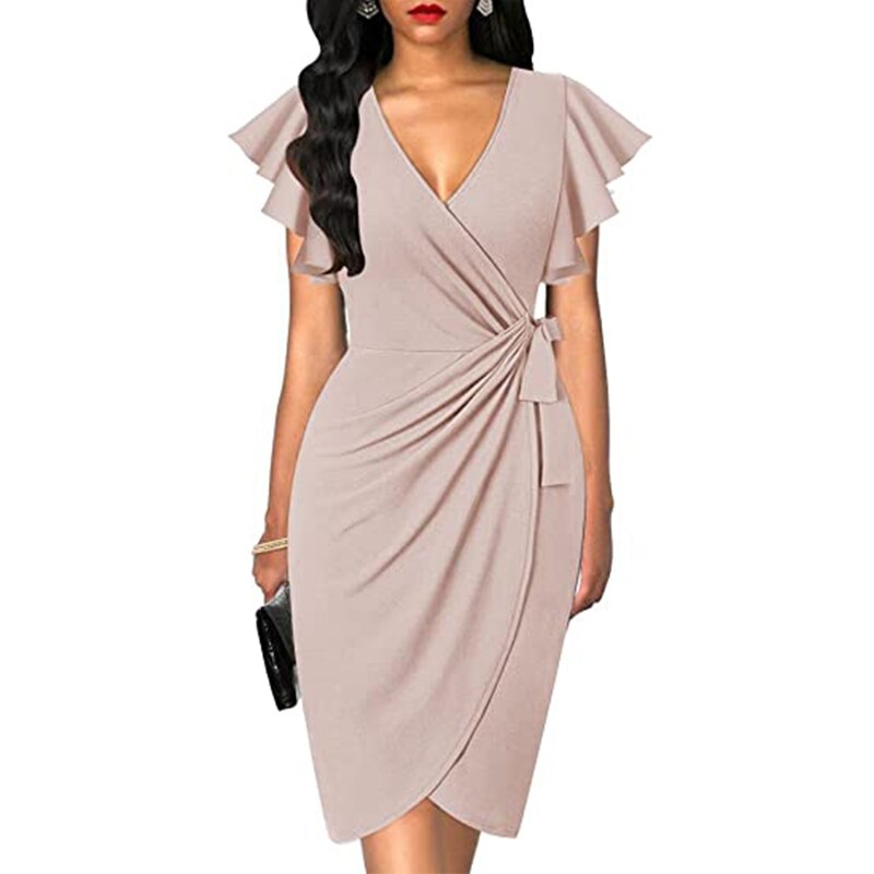 OTEN Women's Deep V-neck ruffle sleeve pleated irregular dress casual summer cocktail party work belt wrap hip dress