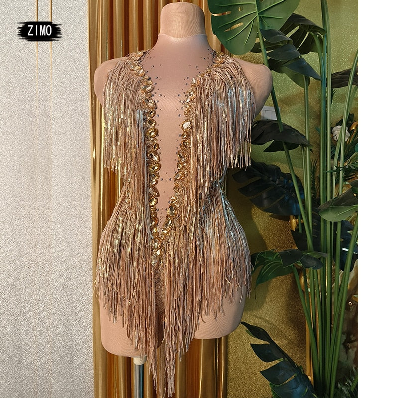 Sparkly Rhinestones sequin Fringes Leotard Sexy Tassel Bodysuit women gold Latin Dance Costume Stage Dancer DS Performance Show