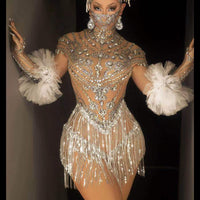 Shining Rhinestones Tassel Dance Dress Gloves Sexy Mesh Perspective Crystal Leotard Singer Dancer Stage Wear Nightclub Outfit