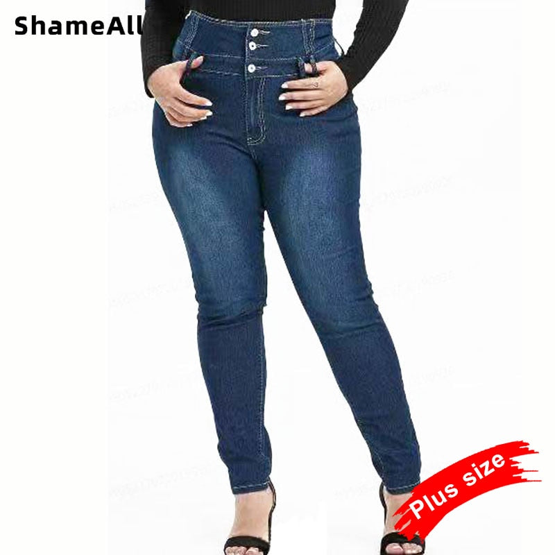 Plus Size Button Up Slim Skinny Dark Blue Full Length Jeans 4XL 5XL Women High Waist Stretch Thin Denim Pants Lady Trousers