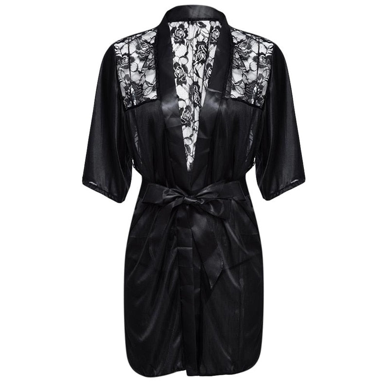 New Hot Sexy Women Lingerie Plus Size Satin Lace Kimono Intimate Sleepwear Robe Sexy Night Gown Women Underwear Pijama Mujer