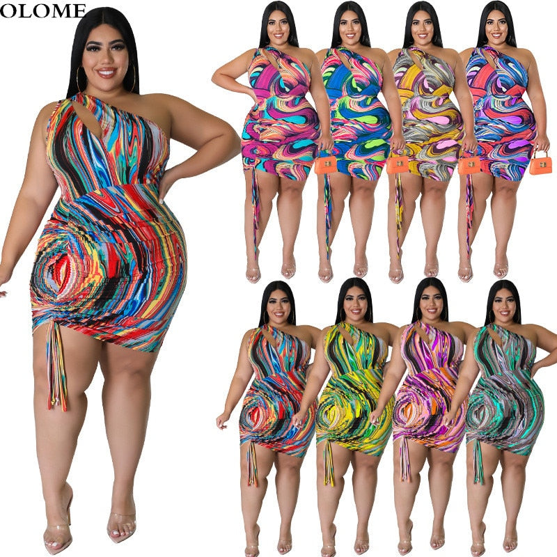 Multicolored Stripes Printing Dress Woman Sexy Hollow Out One Shoulder Sleeveless Drawstring Party Bodycon Dress Summer