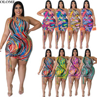 Multicolored Stripes Printing Dress Woman Sexy Hollow Out One Shoulder Sleeveless Drawstring Party Bodycon Dress Summer