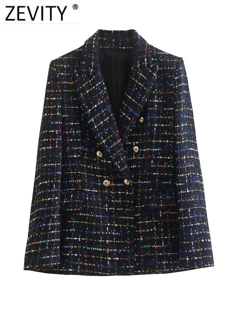 ZEVITY Women Vintage Notched Collar Colorful Ribbon Plaid Tweed Woolen Blazer Coat Female Outerwear Chic Suits Veste Tops CT2982