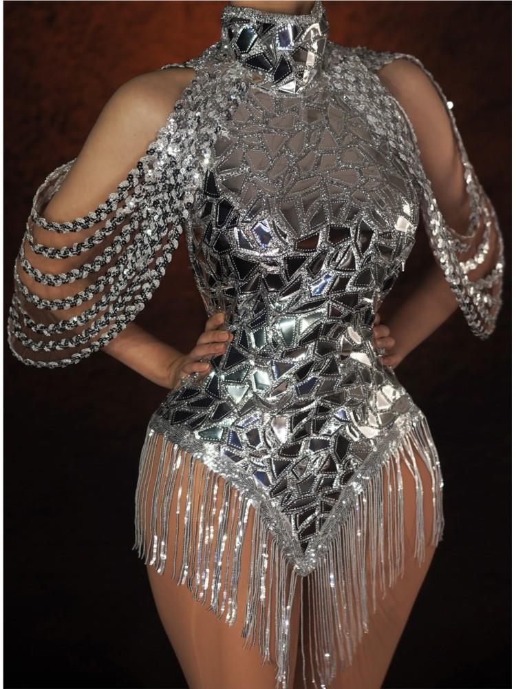 Rhinestone Sparkly Silver Sequins Leotard Bling Sexy Dance Fringes Bodysuit Costume Birthday Singer Stage Wear