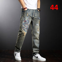 Dragon Embroidered Jeans Men Streetwear Denim Pants Fashion Ripped Jeans Pants Plus Size 38 40 Trousers Male Bottoms