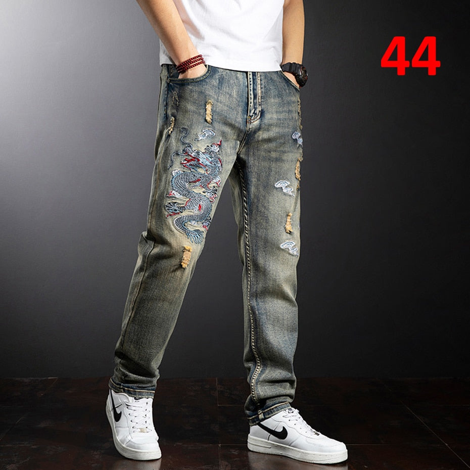 Dragon Embroidered Jeans Men Streetwear Denim Pants Fashion Ripped Jeans Pants Plus Size 38 40 Trousers Male Bottoms