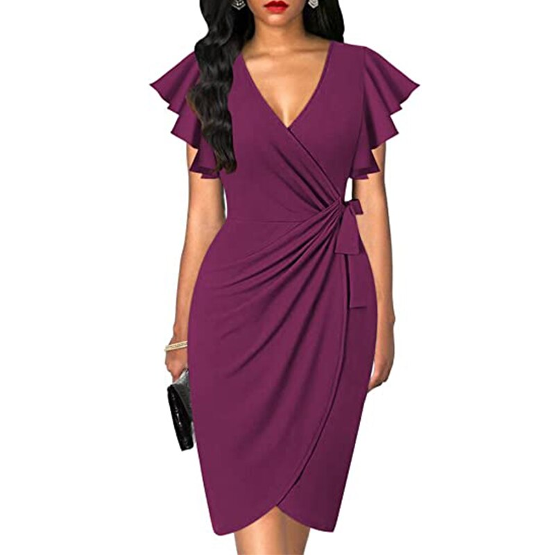 OTEN Women's Deep V-neck ruffle sleeve pleated irregular dress casual summer cocktail party work belt wrap hip dress