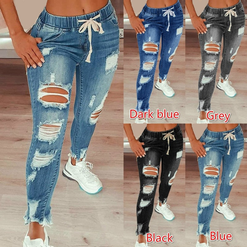 Drawstring Denim Jeans For Women Ripped Hole Stretch Jean Ladies  Full Length Pencil Pants