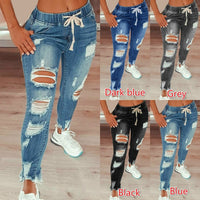 Drawstring Denim Jeans For Women Ripped Hole Stretch Jean Ladies  Full Length Pencil Pants