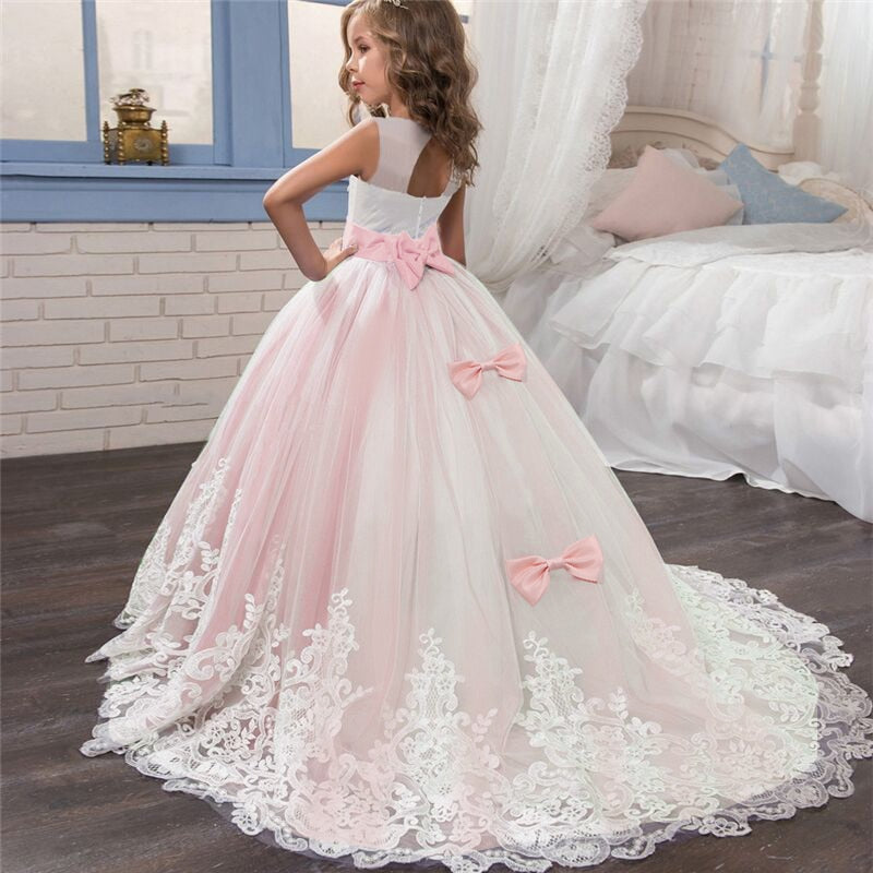 Girls Christmas Dress Formal Sleeveless Girls Party Dresses Back Hallow Out Kids Ball Gown Flower Bowknot Girl Princess Dress