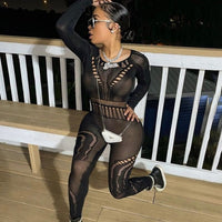 Sexy Adogirl Hollow Out Knitted Mesh Jumpsuits Women Sexy See Through Long Sleeve Overalls