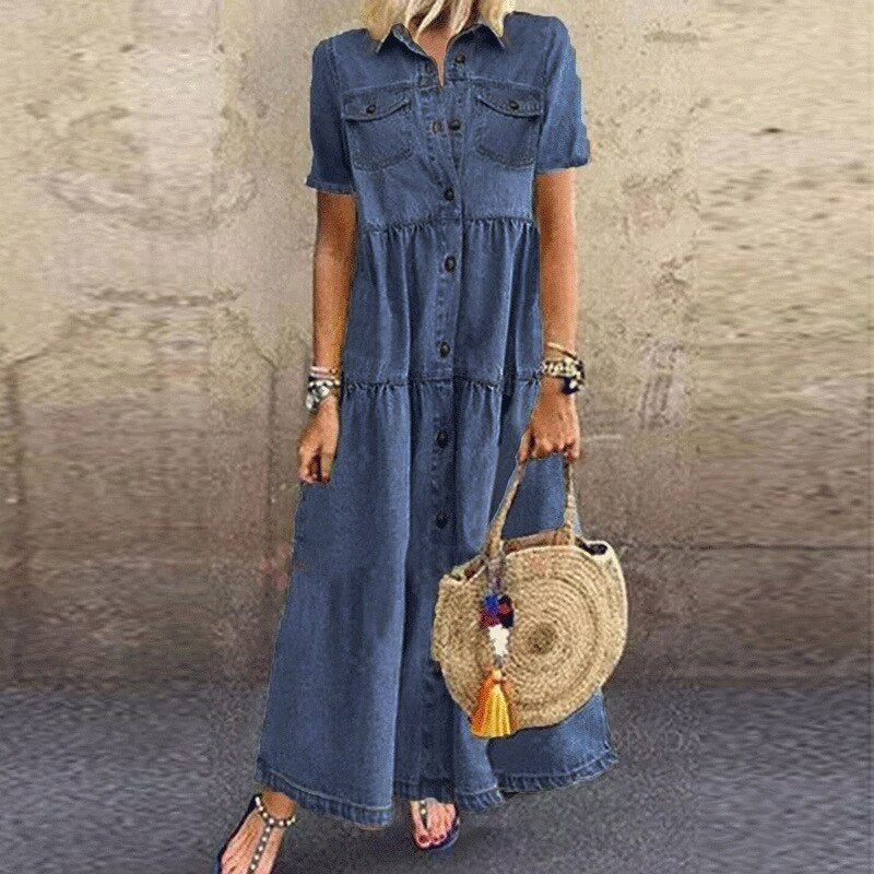 2023 Summer New Spliced Long Dress for Women Casual Solid Color Large Swing Denim Dress