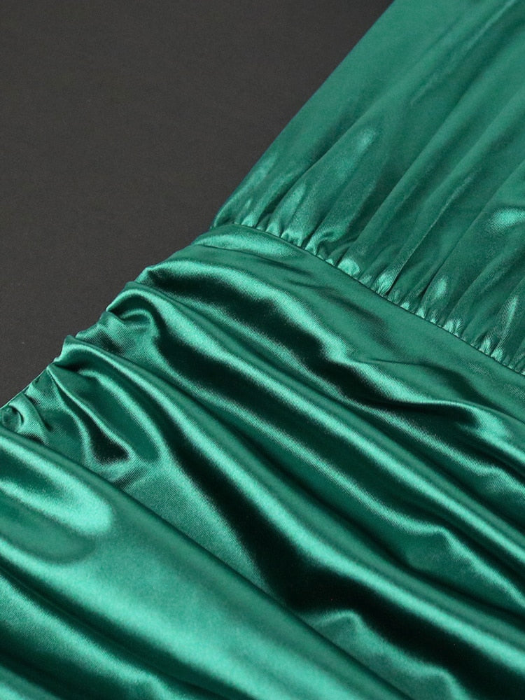 Long Sleeve Green Dresses Bodycon Elastic Satin Smocked Midi Dress Elegant Big Size Shiny Evening Christmas Party Church Outfits