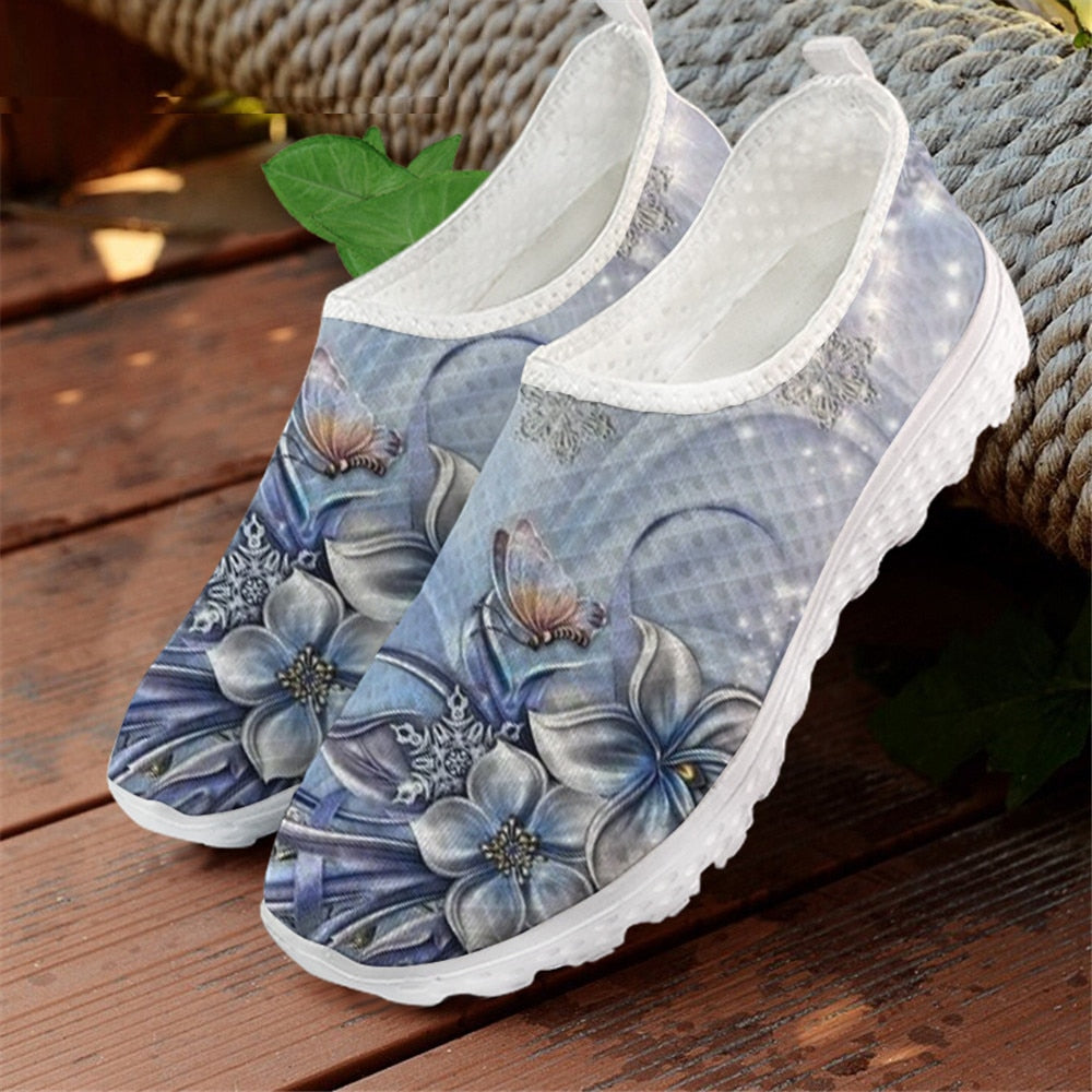 Pretty New 3D Art Floral Design Flat Casual Shoes for Women Lightweight Mesh Sneaker