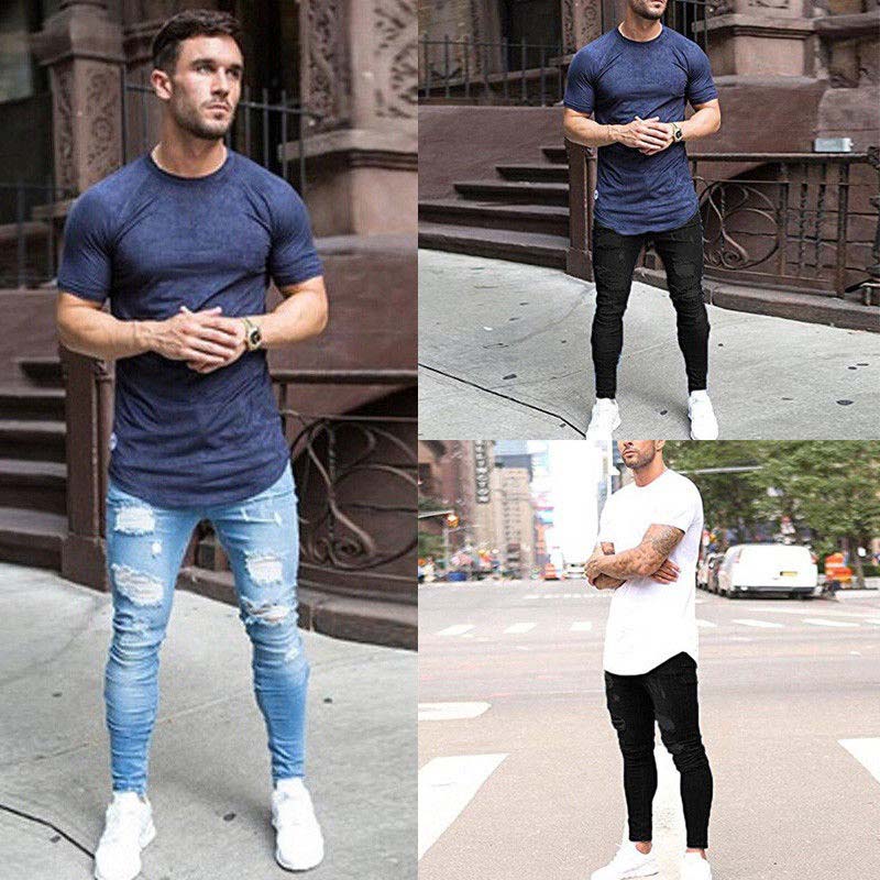 Pants Men Jeans Skinny Hip Hop Sky Blue Jeans Mens Stretchy Ripped Slim Fit Denim Destroyed Hole High Quality Jean Streetwear