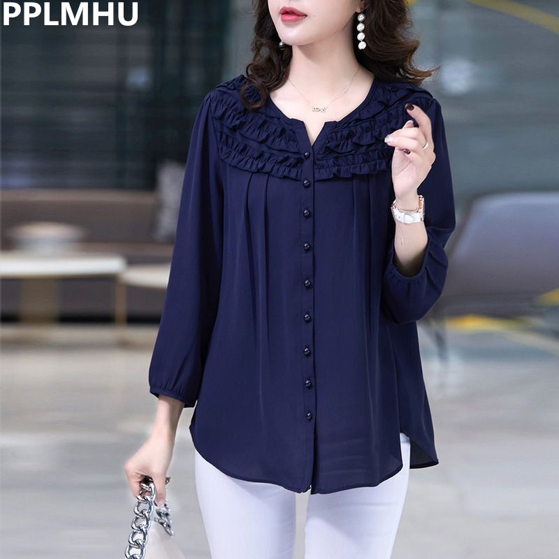 Oversized Nine Quarter Sleeve Chiffon Blusas For Mom Summer Causal Camisas Korean Fashion Top Chic Elegant Blouse Loose Shirt