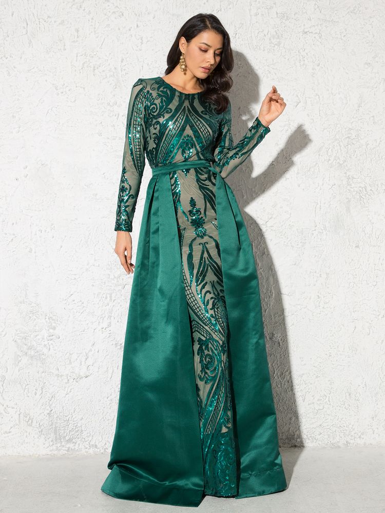 Green Sequined O Neck Full Sleeved Evening Party Dress Stretchy Floor Length Ball Gown with Detachable Train Burgundy