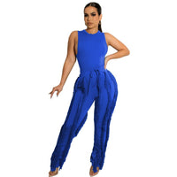 2 Pieces Women's Tracksuit Tank Top Tassel Side Straight Pants