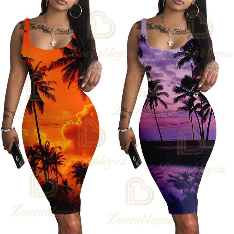 Busty Women's Vestido Sunset 3D Printed Pattern Sleeveless Dress Slim Vest Dress Slim Slip Dress Summer Beach Sundress Robe