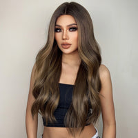 LOUIS FERRE Long Brown Lace Frontal Synthetic Wigs Dark Brown Body Wavy Highlight Wig Natural Hairline Daily Heat Resistant Hair