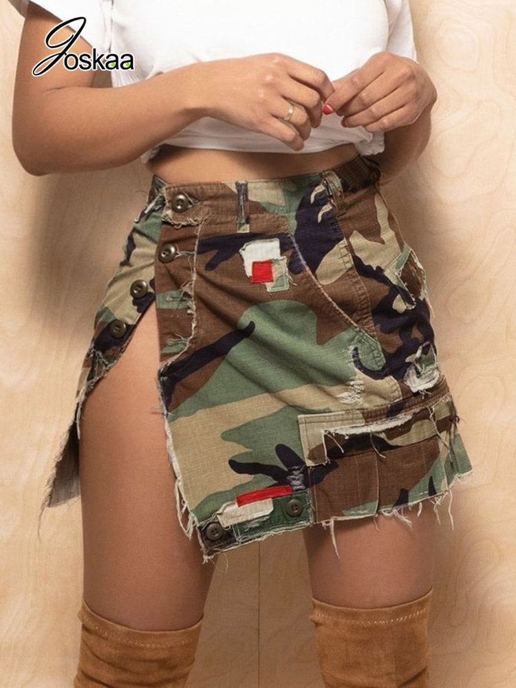 Joskaa Patchwork Camouflage Mini Skirts for Women Clothing Summer 2023 Sexy Single Breasted Slit Hip Skirt High Street Bottoms