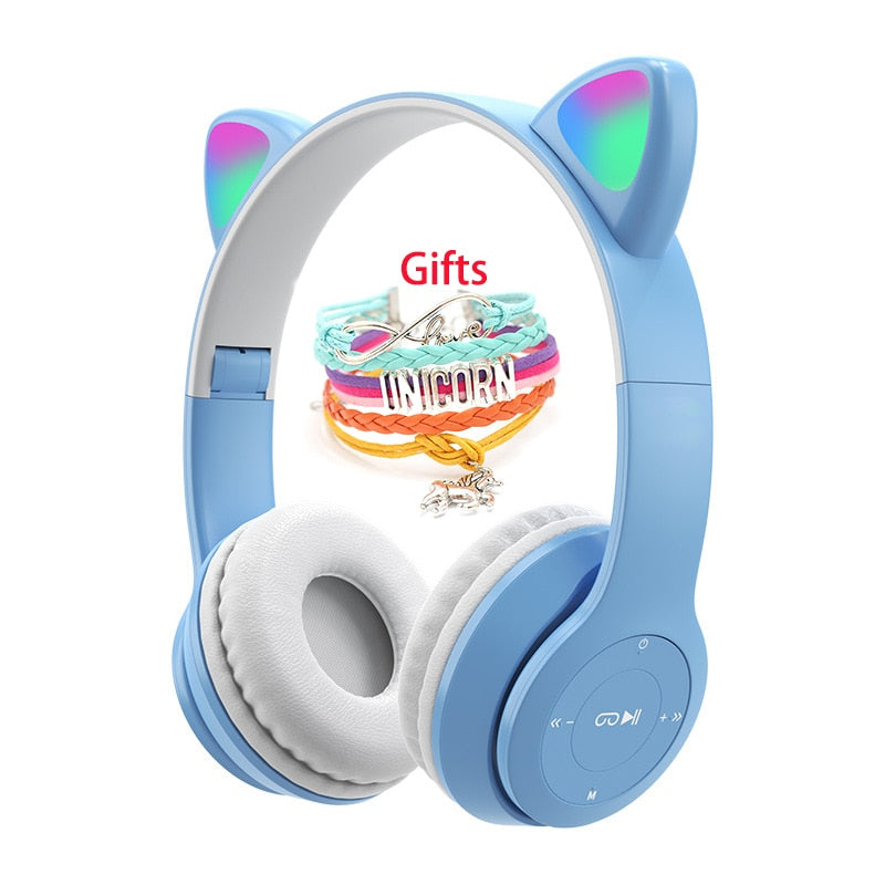 Wireless Headphones Cat Ear with Mic Blue-tooth Glow Light Stereo Bass Helmets Children Gamer Girl Gifts PC Phone Gaming Headset