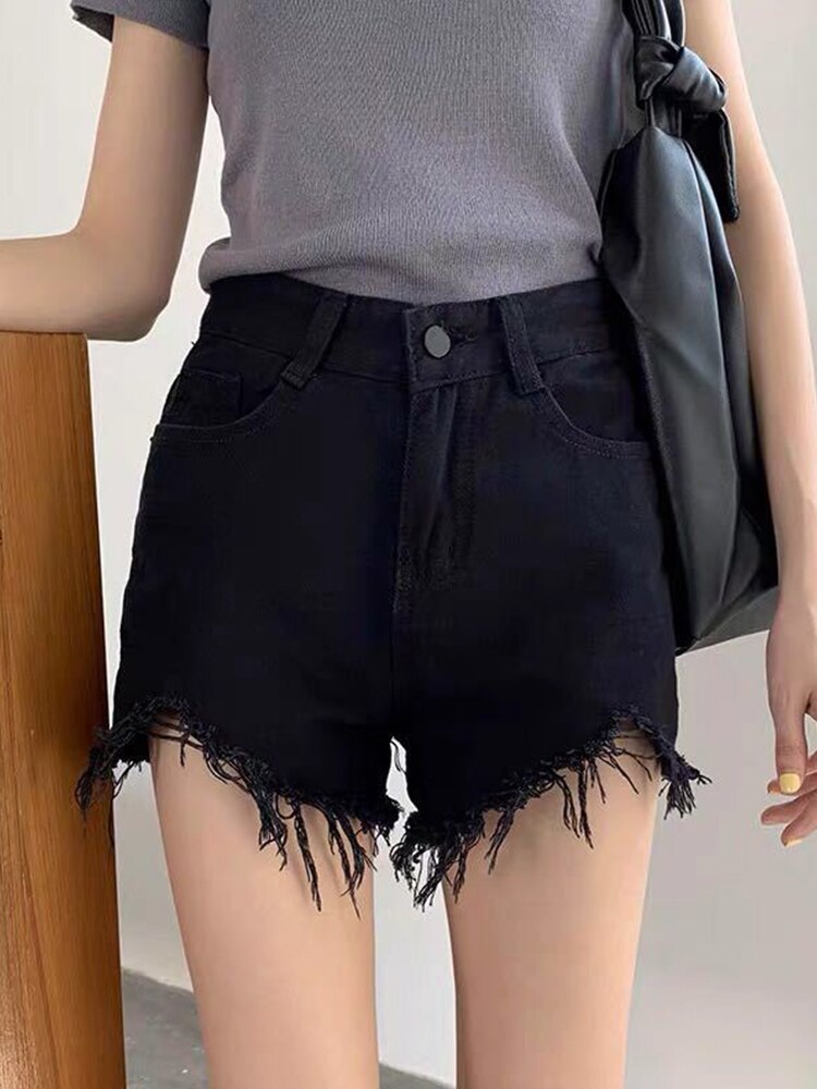 High Waist Denim Shorts Women Summer Pocket Tassel Hole Ripped Jeans Short Female Femme Short Pants