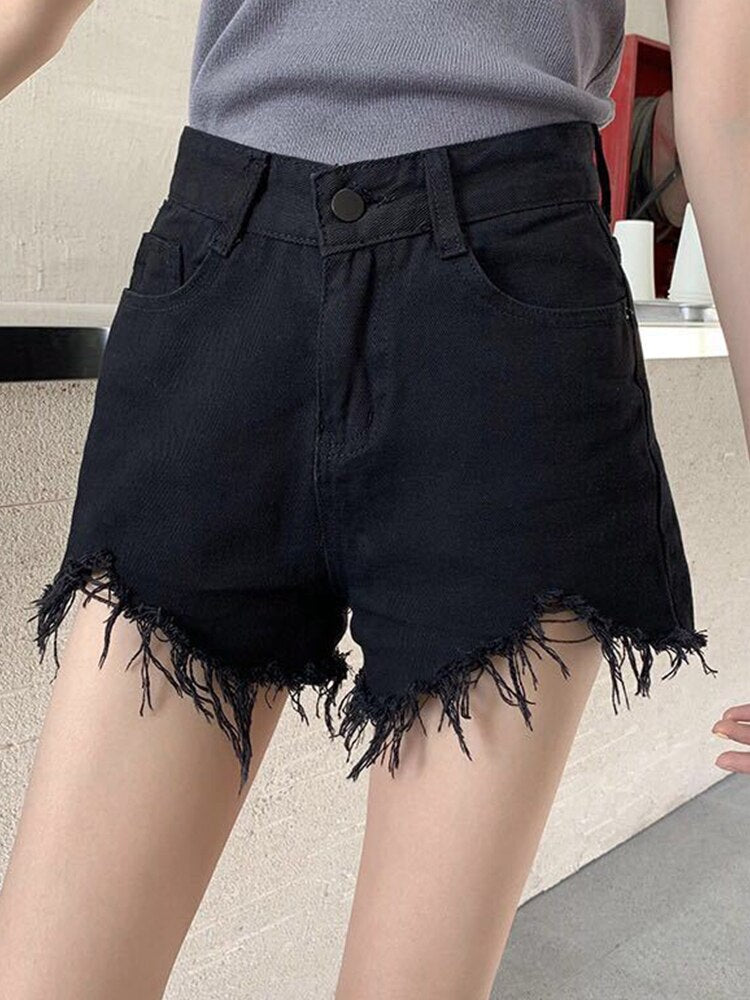 High Waist Denim Shorts Women Summer Pocket Tassel Hole Ripped Jeans Short Female Femme Short Pants